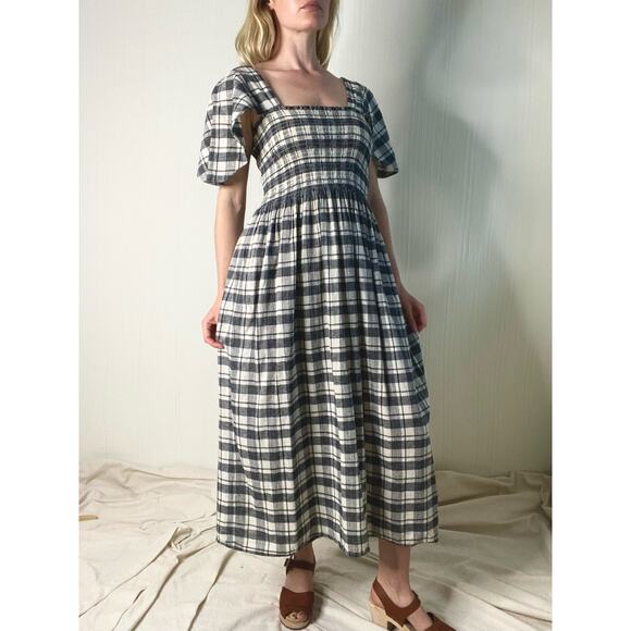 THE GREAT Gingham B&W Plaid Smocked Bust Flutter Sleeve Maxi Dress US SMALL - Picture 5 of 16